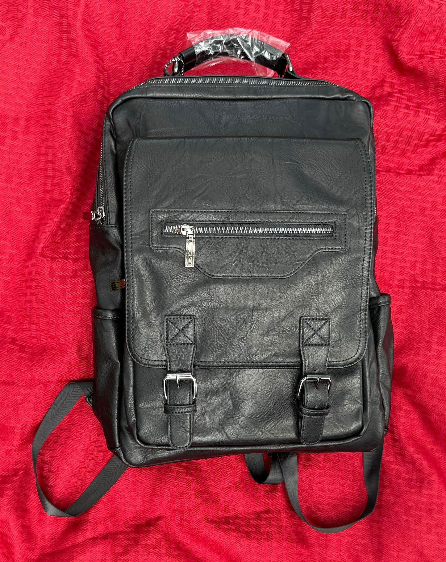 Black Leather Backpack with Buckle Straps