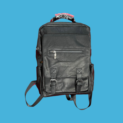 Black Leather Backpack with Buckle Straps